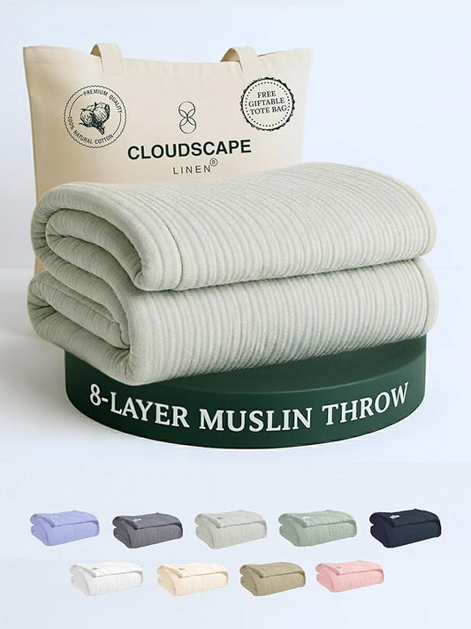 Cloud Scape Linen Extra Large 8 Layer Muslin Throw Blanket - 100% Cotton Gauze, Soft and Breathable, Winter Blanket for Couch, Sofa and Bed, Idea, 50x70, Seafoam