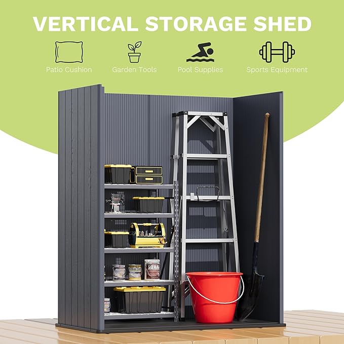 Devoko 5 x 3 Resin Outdoor Storage Shed with Floor - Waterproof Plastic Outdoor Tool Cabinet with Lockable Doors for Patio Furniture, Pool Accessories, Garden Tools (Deep Gray)