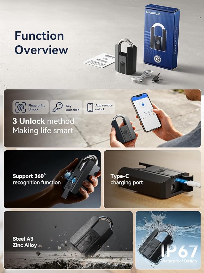NexusLab Heavy Duty Fingerprint Padlock, Gate Locks for Outdoor Fence with Key, Rechargeable, 1-Year Standby, IP67 Waterproof, 50 Fingerprints,Ideal for Fence, Shed, Pool, Gate & Warehouse Security