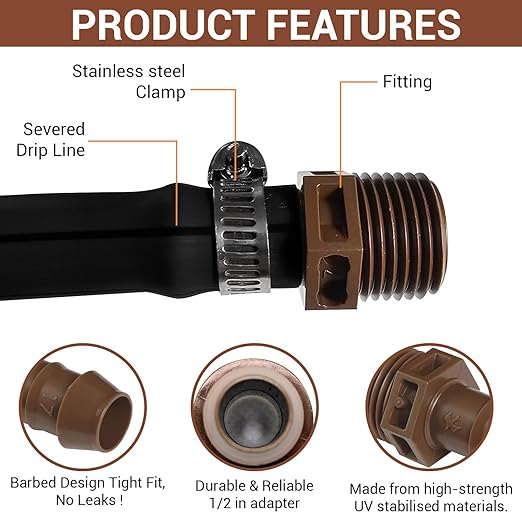 LECTO 1/2" MPT Drip Irrigation Adapter – Fits 1/2" & 5/8" Tubing, Barbed Connector with Stainless Clamp, UV-Resistant (3 Pack)