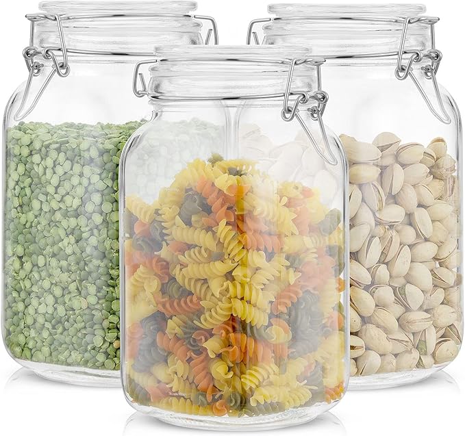 JoyJolt Airtight Glass Jars with Lids Set of 3. 50oz Glass Jar with Lid and 6 Silicone Seals! Med Glass Food Storage Containers. Square Mason Jar, Flour Jar, Candy or Cookie Jars for Kitchen Counter