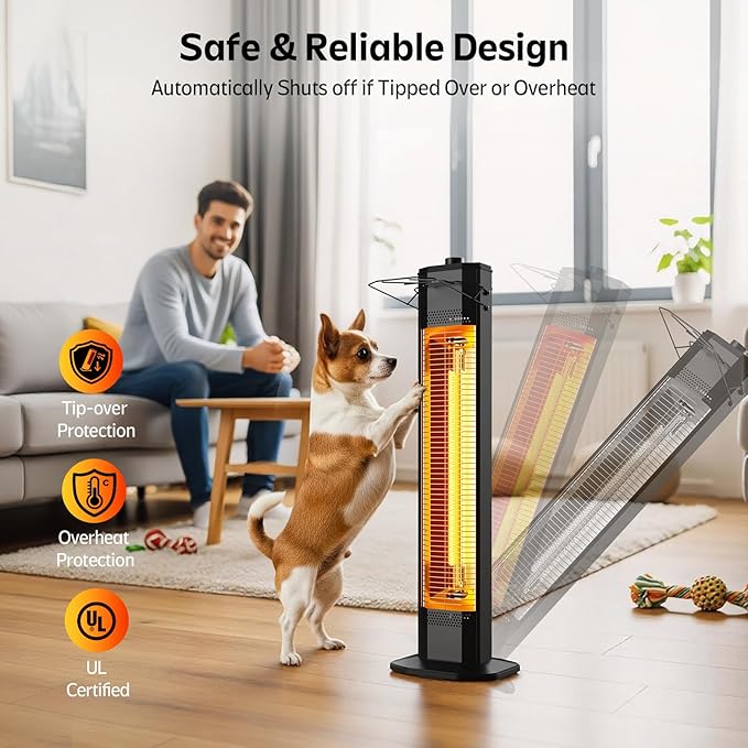 Outdoor Electric Patio Heater, 34-inch 1500W Infrared Tower Heater with Instant Heating, Tip-Over & Overheat Protection, IPX5 Waterproof Space Heater for Patio Garage Workshop Indoor & Outdoor Use