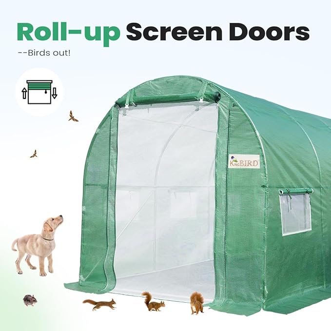 KING BIRD Premium 15x6.6x6.6FT Greenhouse for Outdoors, Large Walk-in Heavy Duty Galvanized Steel Frame, Mesh Door Screen Window Tunnel Hoop Garden Plant Winter Hot House, Side Screen Mesh, Green