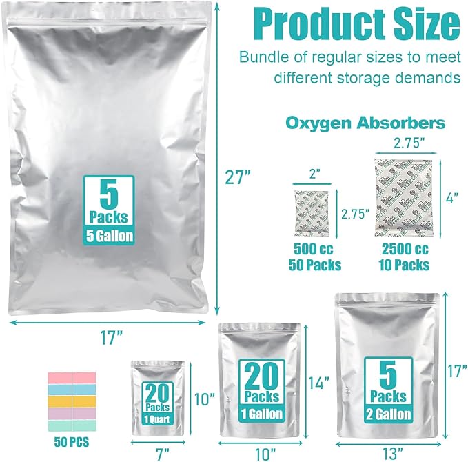 50pcs Mylar Bags for Food Storage With Oxygen Absorbers, 15 Mil Extra Thick Mylar Bags, 4 Size Set(5 Gallon, 2 Gallon, 1 Gallon, 1 Quart)2500cc and 400cc Oxy-Sorb (Individually Sealed)