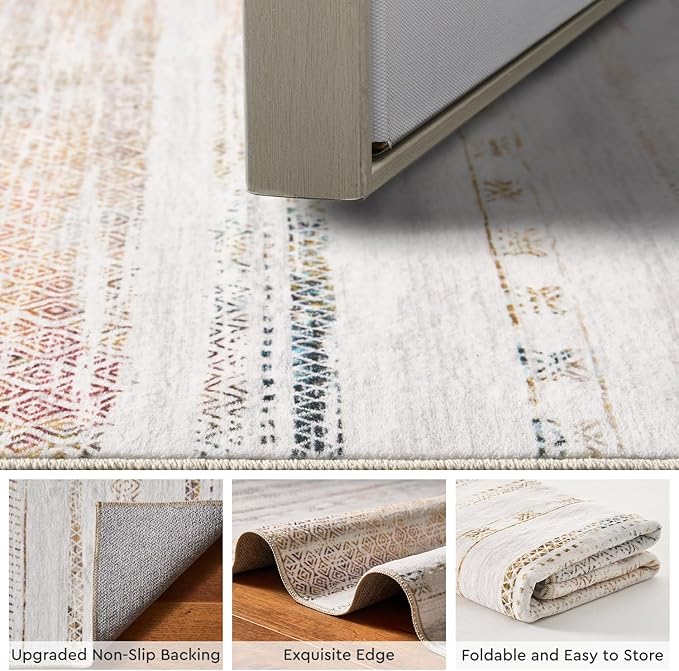 Small Area Rug-2x3 Entryway Rug Non Slip Washable Low Pile Indoor Door Mat Neutral Distressed Boho Moroccan Entrance Rugs Carpet for Bedroom Kitchen Powder Room Front Porch Bathroom, Multi-Color