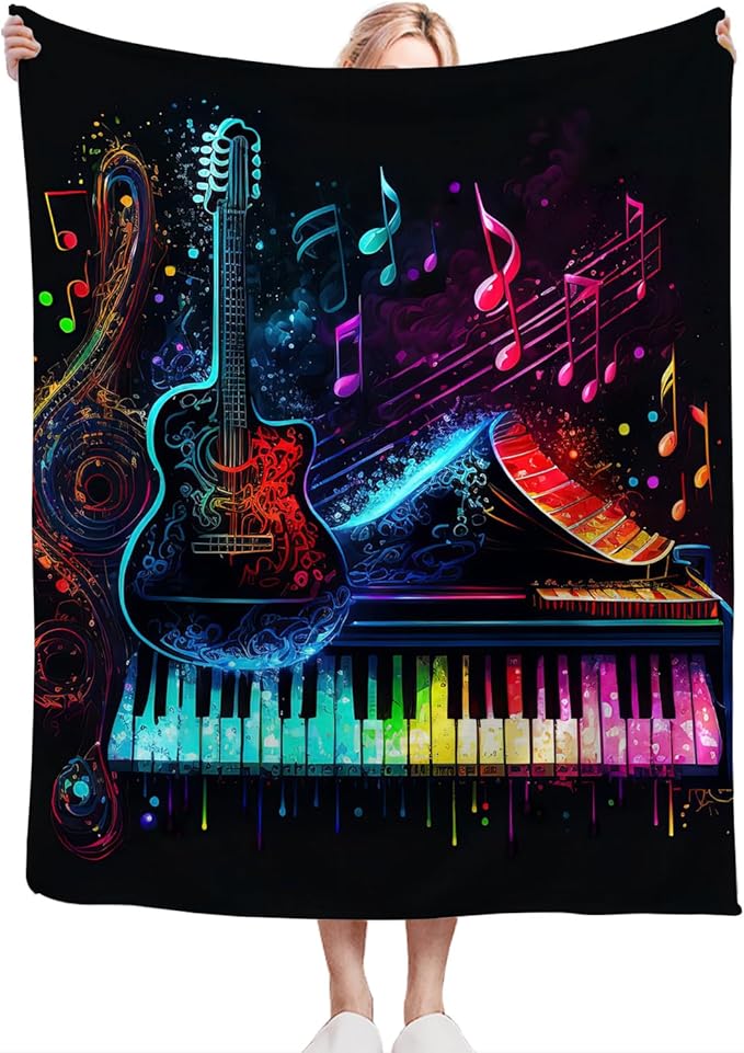 Colorful Guitar Blanket Ultra Soft Cozy Music Note Piano Throw Blanket Fleece Fuzzy Plush Bedding Rock Musical Instrument Gifts for Women Girls Kids Adults 80"x60"