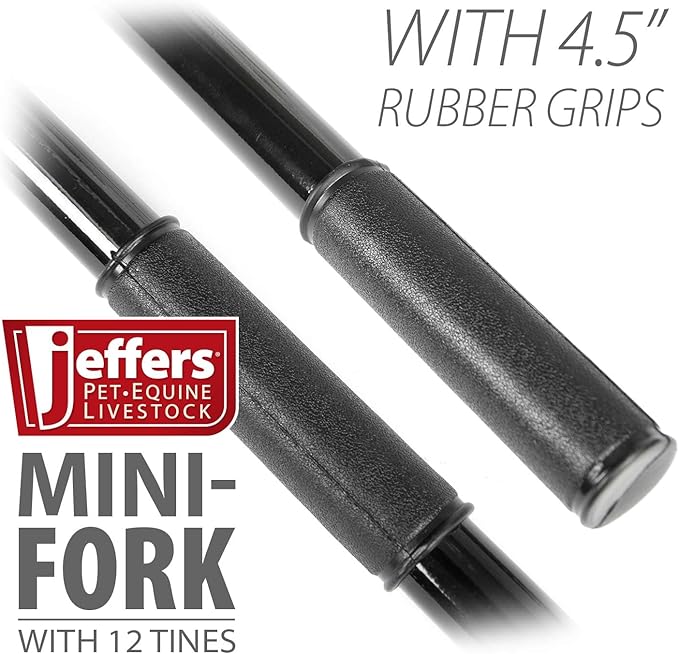 Jeffers 12-Tine Mini Fork with 48" Handle – Compact Stable Fork for Light Waste, Hay, Bedding, Barn Cleaning Tool, Black Polystyrene Tines, Rubber Grip, Full Fork Set, Farm & Stable Use