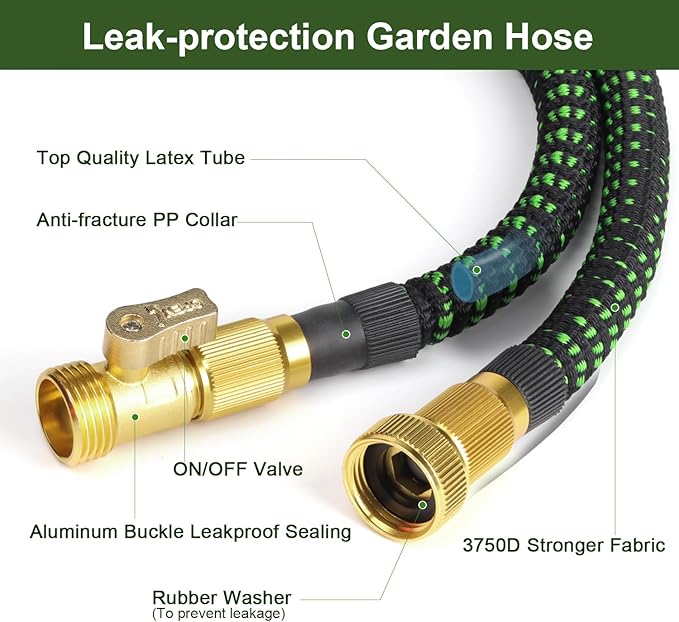 Garden Hose 100 FT, Water Hose with 10-Function High-Pressure Spray Nozzle, Heavy Duty Flexible Hose, 3/4" Solid Brass Fitting Leakproof Design