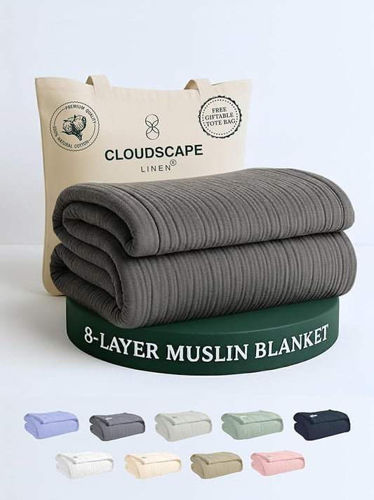 Cloud Scape Linen 100% Cotton 8 Layer Twin Size Muslin Blanket - Breatheable and Soft Winter Blanket for Bed, Couch and Sofa, Oversized Fits up to Twin XL, Best Gift Idea, 68x92, Dark Grey