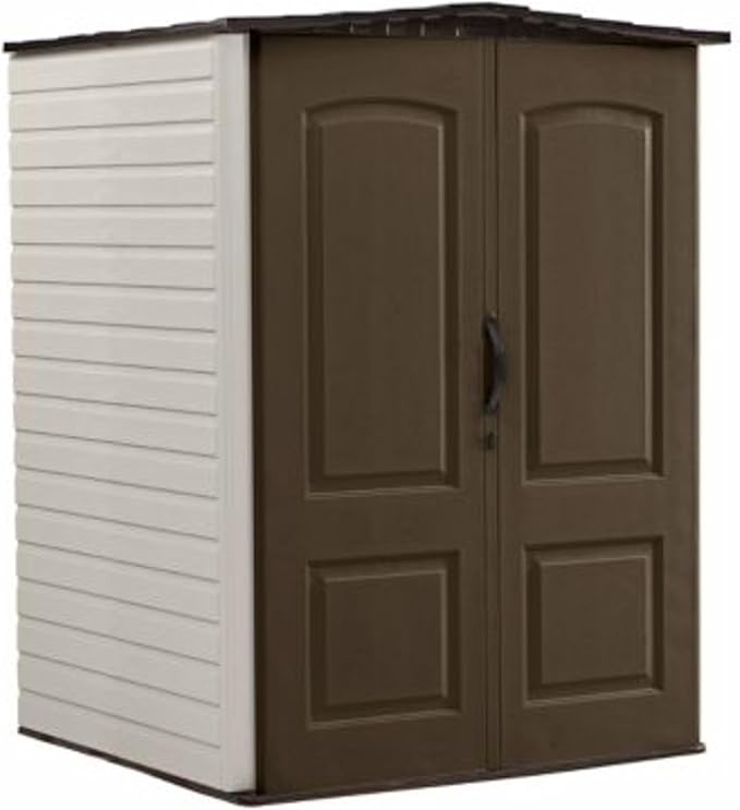 Rubbermaid Medium Vertical Resin Outdoor Storage Shed With Floor (5 x 4 Ft), Weather Resistant, Brown, Organization for Home/Backyard/Pool/Garden/Lawn Tools