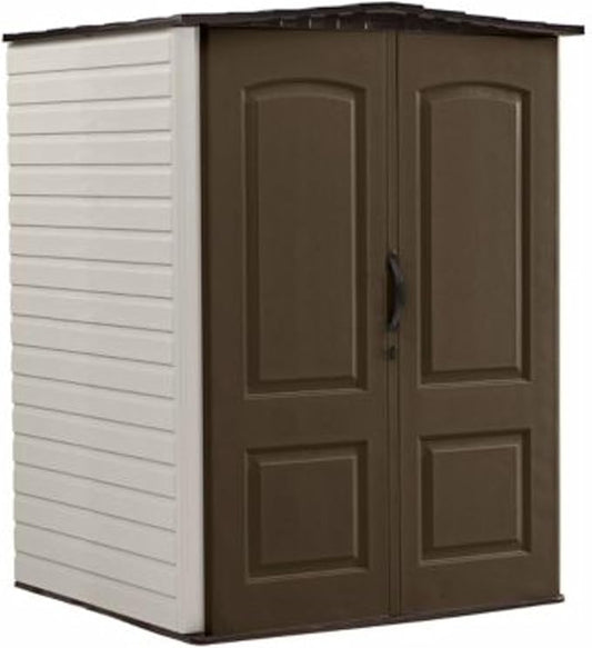 Rubbermaid Medium Vertical Resin Outdoor Storage Shed With Floor (5 x 4 Ft), Weather Resistant, Brown, Organization for Home/Backyard/Pool/Garden/Lawn Tools