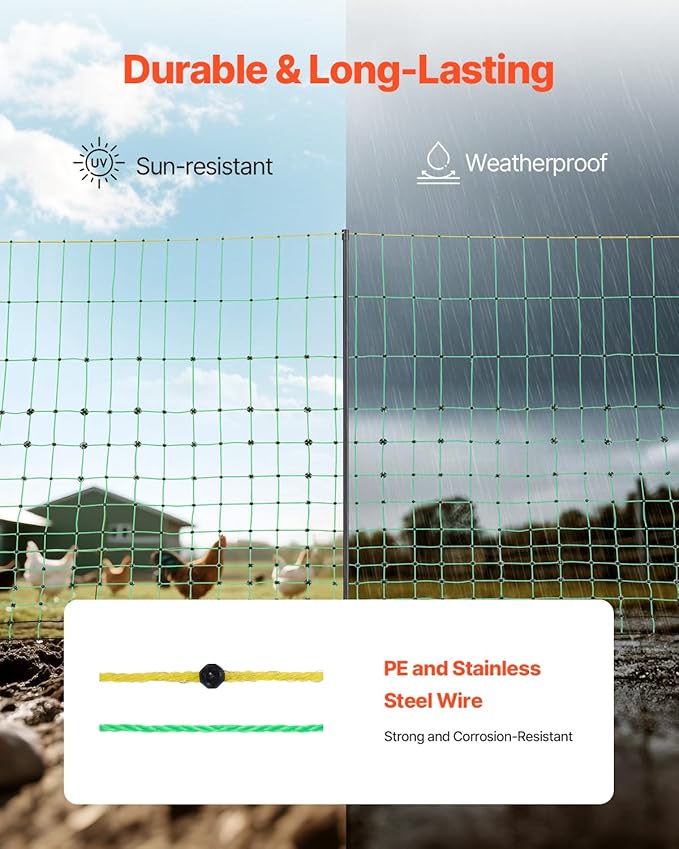 VEVOR Electric Fence Netting, 48" H x 100' L, PE Net Fencing Kit with Posts & Double-Spiked Stakes, Utility Portable Mesh for Chickens, Ducks, Geese, Rabbits, Used in Backyards, Farms, and Ranches