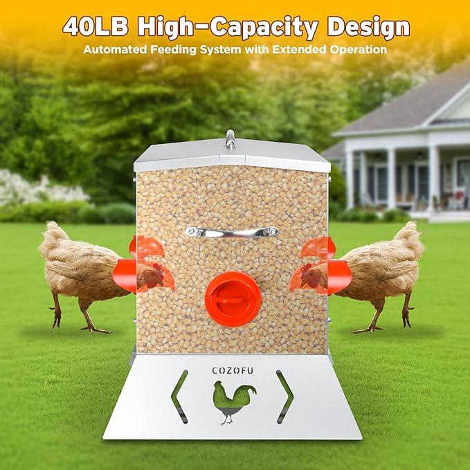 40 Pounds Automatic Chicken Feeder 6 Ports Large Gravity Fed Chicken Feeder with Transparent Window & Handle for Chickens Bantams Pheasants Poultry Coop Weatherproof