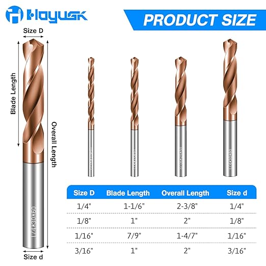Drill Bit Set 4 Pcs Solid Carbide Drill Bits, 1/8" 1/4" 3/16" 1/16" Tungsten Carbide Drill Bits with TISIN Coated, Metal Drill Bit Set for Stainless Steel Hardened Steel Cast Iron Alloy Copper