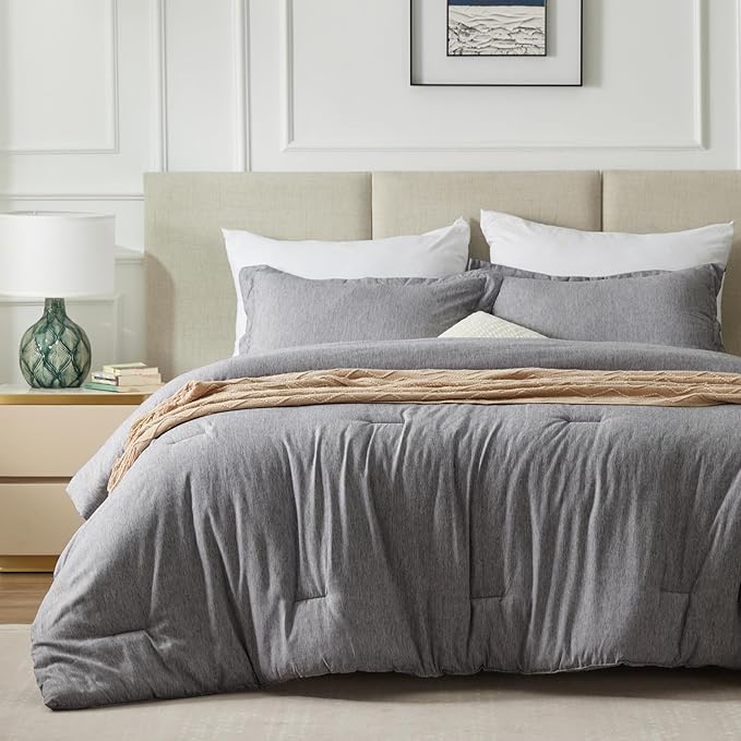 CozyLux Oversized Queen Comforter Set, 3 Pieces 98x98 Grey Soft Luxury Cationic Dyeing Bedding Set for All Season, Gray Breathable Fluffy Bed Sets with 1 Alternative Comforter and 2 Pillow Shams