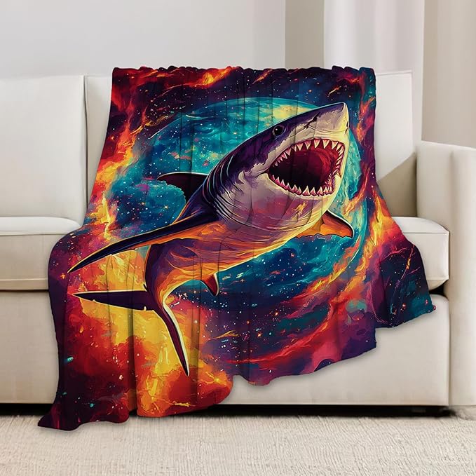 Shark Blanket, Space Shark Throw Blanket Gifts Blankets Stuff Fleece Flannel Plush for Girls Women Men Boys Lovers Adults Soft Bedding Gift for Sofa Bed Office Home Decor 60"x50"