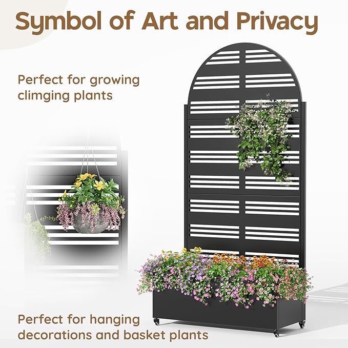 Metal Planter with Trellis& Wheels 72" x 35"x 15.7" Raised Garden Bed with Trellis,Privacy Planters for Patio,Garden Bed for Climbing Plants,Suitable for Climbing Plants and Vegetables,Black