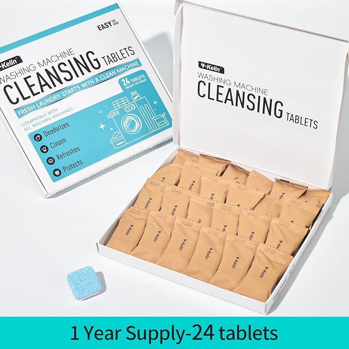 Washing Machine Cleaner Tablets 24 Pack -1 Year Supply for HE Front Loader & Top Load Washer,Septic Safe Washer Machine Cleaner Tablets, Deep Clean,Eco-Friendly Deodorizer