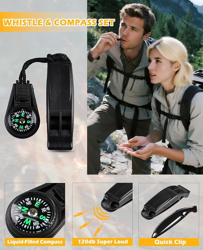 5 in 1 Ferro Rod Fire Starter Kit, Survival Gear Tool with Flint and Steel, Emergency Whistle, Credit Card Multitool, Compass & Waterproof Tinder for Outdoor, Emergency, Camping, Hiking, Gifts for Men