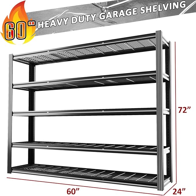 60" W x 72" H x 24" D Garage Shelving Heavy Duty,5 Tier Adjustable Metal Shelves Storage Rack,3030 LBS Large Industrial Shelving Unit for Basement,Warehouse,Garage Organization
