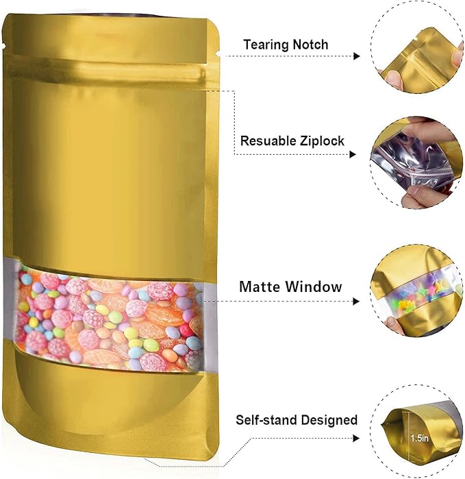 4.7"x7.8" 120pcs Mylar Bags for Food Storage,Smell Proof Bag with Matte Window Resealable Food Storage Bags for Small Business, Stand-up Foil Pouch Packaging Freeze Dried Candy Bag(Gold)