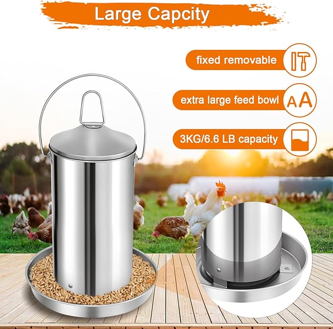 RYFT Automatic Chicken Feeder 3KG/6.6lbs, Stainless Steel Poultry Feeder, Heavy Duty Thickness 0.035 in / 0.9 mm, with Handle, Top Filled, Durable and Rust Resistant