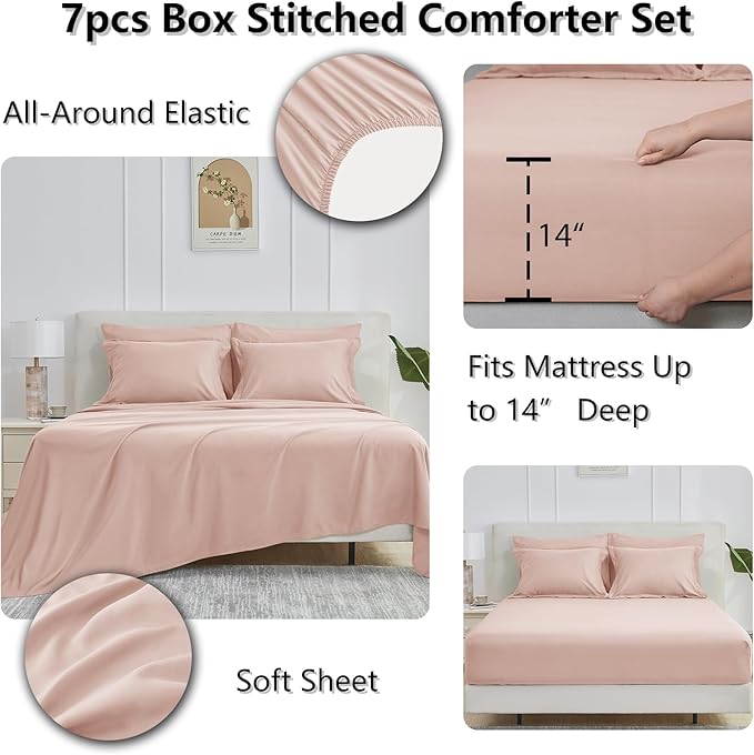 CozyLux King Size Comforter Set Blush Pink - 7 Pieces Bed in a Bag King, Okeo-Tex Certifited Bedding Set, All Season Soft Bed Set with Down Alternative Comforter, Sheets, Pillowcases & Pillow Shams