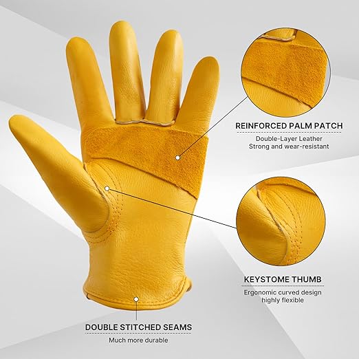 Garden Gloves, Puncture Resistant Gloves, Cowhide Protective Gloves for Gardening/Logging/Construction/Truck Driving