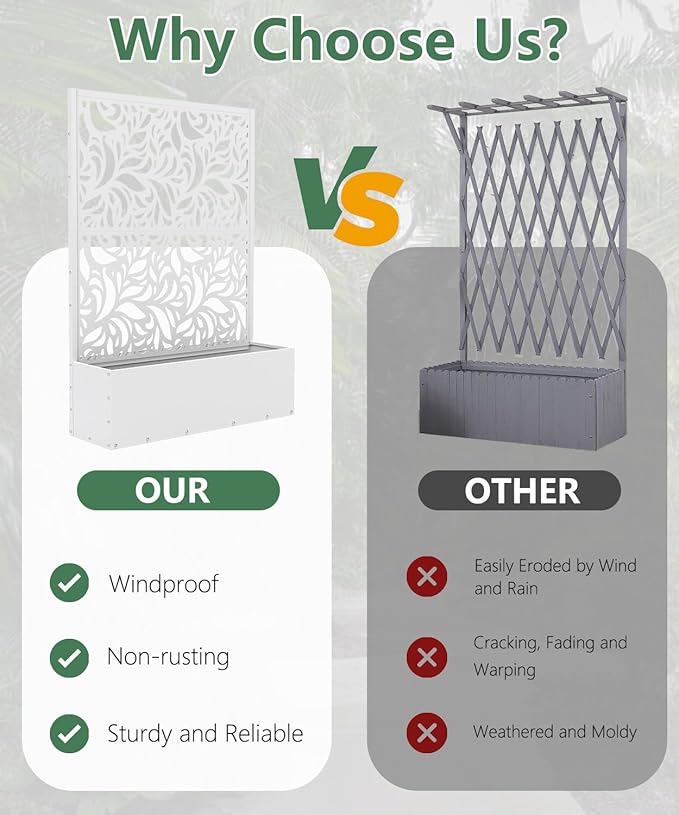 Metal Planter Box with Trellis,70.9"x47.2"x15.7" Raised Garden Bed with Drainage Holes, Privacy Planters for Outdoor Garden Bed for Climbing Plants,Vegetables,and Vines, White-Flower