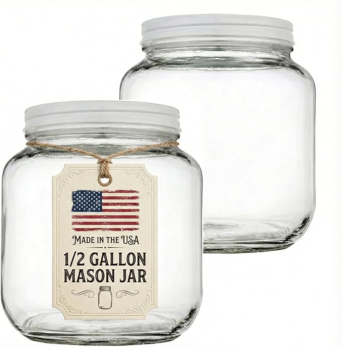 64 oz Mason Jars Wide Mouth - 1/2 Gallon Glass Jar with Lid - Large Mason Jar for Canning, Brewing, Pickling, Storage - Big Mason Jar Made in USA (2 Pack)