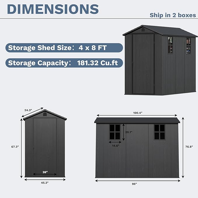 Devoko 4×8 FT Resin Outdoor Storage Shed, Garden Shed with Floor, Lockable Door and Two Windows, Waterproof Outside Plastic shed for Backyard Bike, Tools, Lawn Mower, Dark Grey