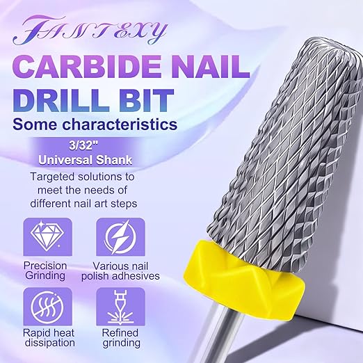Fantexy 3/32" Carbide Nail Drill Bit - Remove Acrylic Hard Gels Quickly and Safely, 5-in-1 Tungsten Carbide Nail Drill Bit for Nail Art,Manicure,Pedicure,Gel,Cuticle Clean(3 Extra Fine - 3XF)