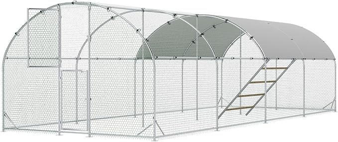 Large Chicken Coop,10x26x6.5FT Metal Chicken Run for Yard with Feeding Door, Round Top Walk-in Chicken Pen,Outdoor Poultry Cage with Anti-UV Cover,Rabbit Duck House