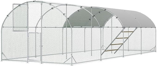 Large Chicken Coop,10x26x6.5FT Metal Chicken Run for Yard with Feeding Door, Round Top Walk-in Chicken Pen,Outdoor Poultry Cage with Anti-UV Cover,Rabbit Duck House