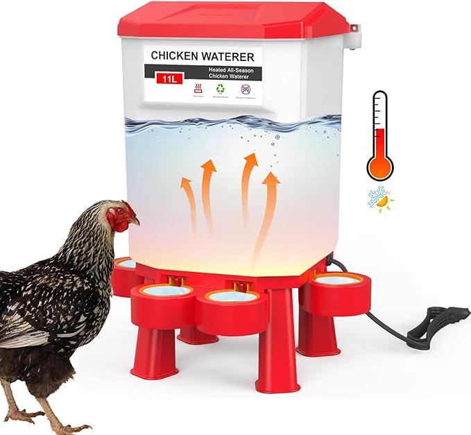 FXiaoy Heated Chicken Waterer, Automatic Poultry Waterer, 11L (Red, 11L)
