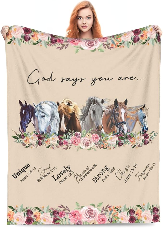 God Says You Are Horse Decor Throw Blanket - Super Warm Soft Plush Lightweight Fleece Flannel Bible Verse Blanket for Women, Girls, Boys, Men, Kids - Winter Couch Bedding - 60"X80"
