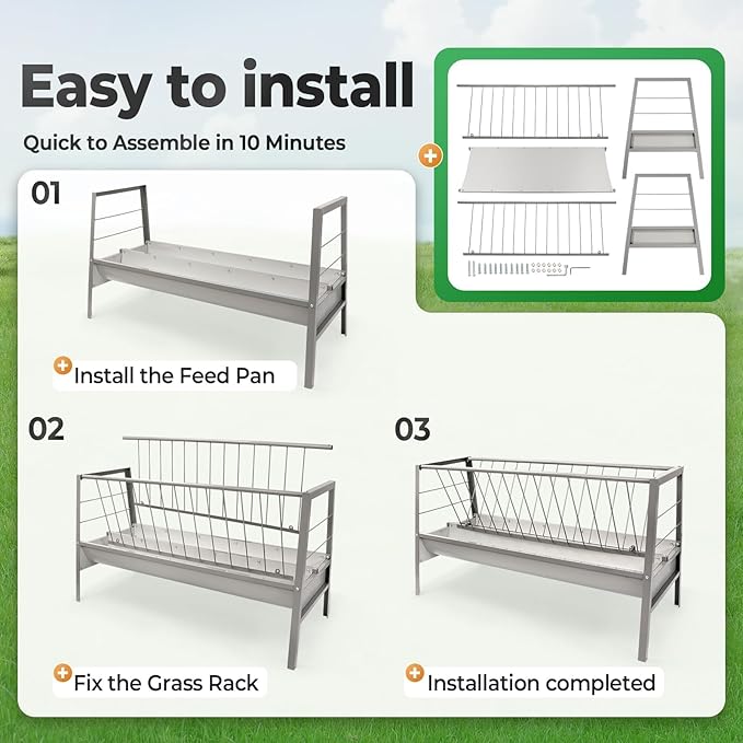 Pasture Hay Feeder 2 in 1 55 Gallon Livestock Feed Trough with 22 Gallon Feed Pan Hay Grain Livestock Feeder for Sheep, Calf, Cow and Horse