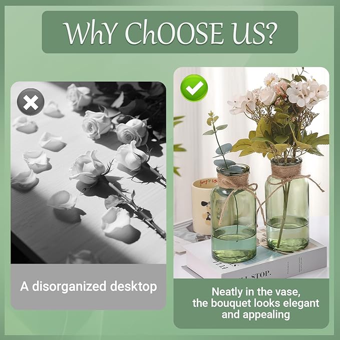 Green Glass Flower Vases for Centerpieces Set of 12, Mason Jars Boho Cylinder Bud Vases in Bulk, for Weddings Parties Vintage Home Decor