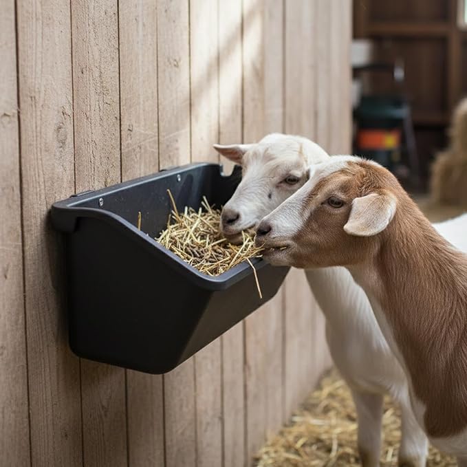 10 Pack Hanging Goat Feeder & Duck Feed Trough, 5 Qt Fence Mounted Livestock Manger – Heavy Duty Plastic Mineral Bucket & Waterer for Sheep, Piglets, Deer & Poultry.