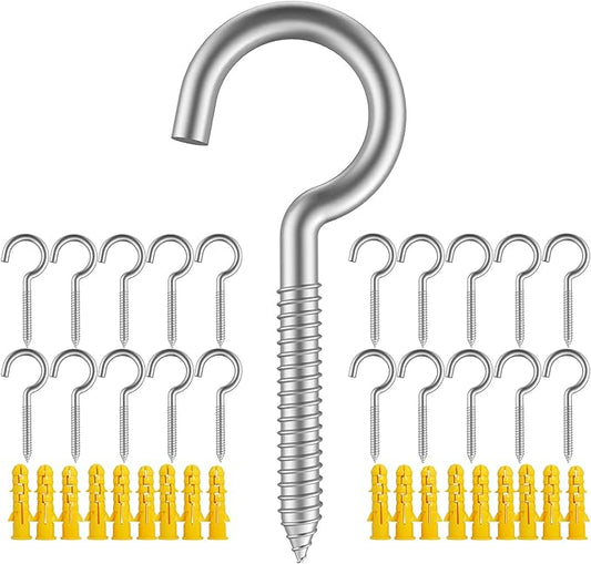 20pc 304 Stainless Steel Heavy Duty Screw Hooks, 2" Eye Bolts, Indoor/Outdoor, Wall, Wood, PVC