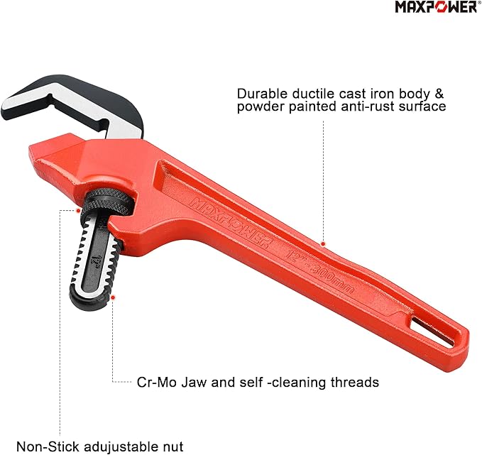 MAXPOWER Adjustable Offset Hex Wrench, 12 Inch, Red, Cast Iron