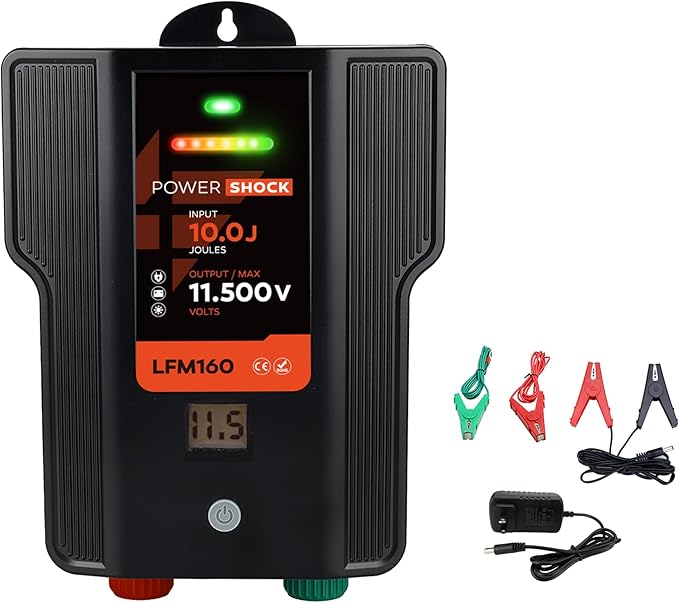 Electric Fence Charger AC DC Powered 65 Miles 200 Acres, 110 Volt 2 Joule Plug-in Electric Fence Energizer, Output Voltage Max 12 kV for Livestock, Preventing Predators from Intruding