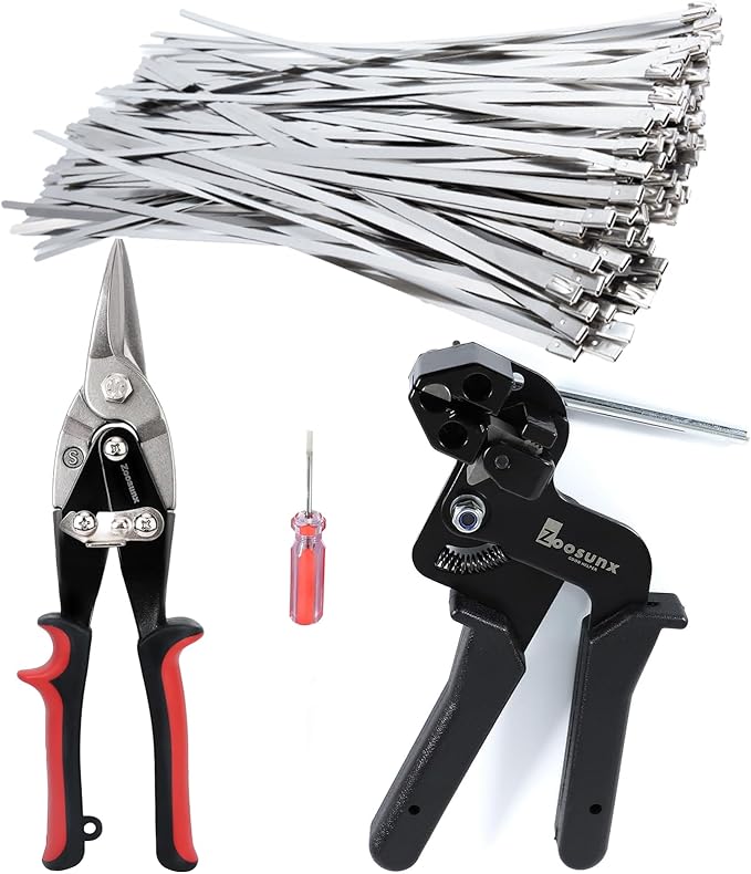 Metal Zip Ties Toolkit. Stainless Steel Cable Tie Tensioner, 100PCS 11.8" Metal Zip Ties Heavy-Duty & 10" Aviation Tin Snips – for Fence, Pipe, Outdoor and Repairs.(100pcs+Tool+Snips, SILVER)