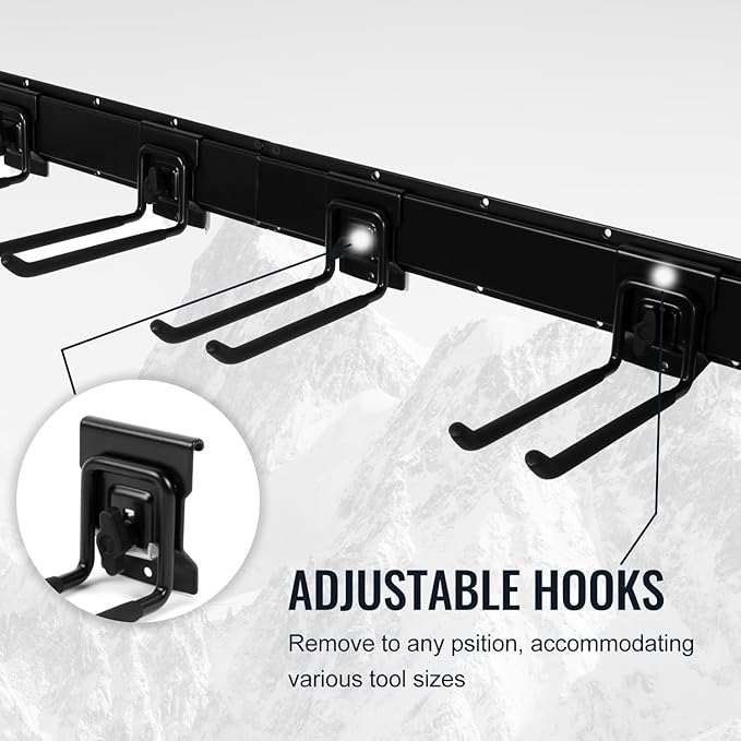 Garage Organization Wall Mount, 48inch Garden Tool Organizer with 6 Clamping Hooks, Heavy Duty, Garage Hanging Storage Rack for Yard Tools, Shovel, Shed, Hold Up to 420lbs (48Inch Black)