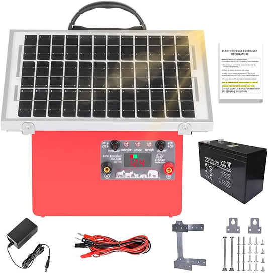 9.5KV Adjustable Output,0.5 Joules Energy Output7.5W Solar Panel, 24H/14D Uninterrupted Power Solar Electric Fence Charger for Livestock,20 Miles Protection Range