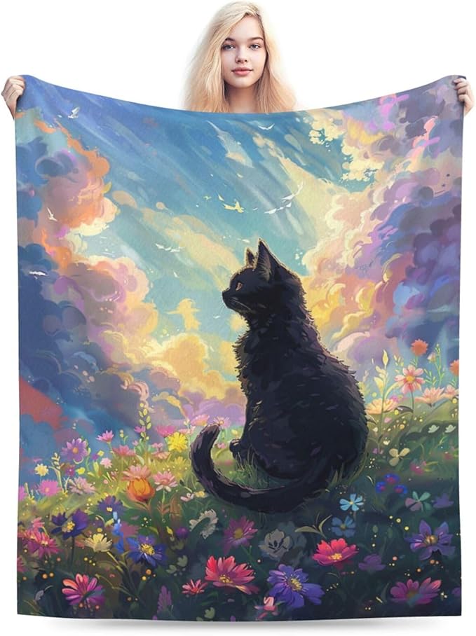 Cute Black Cat Throw Blanket Anime Cat Flannel Blankets Wild Landscape Fuzzy Plush Super Soft Cozy Warm Decor Gifts for Boys Girls Kids Adults Men Women 50" x 60"