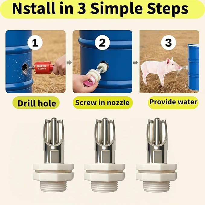 3 Pack Stainless Steel Pig Waterer Nipple Kit, Complete Set with Hole Saw & Tape, Automatic Nipple Drinker for Hogs, Goats, Rabbits, Poultry, Pig Nipple Waterer for Barrel Kit, Rabbit Watering System