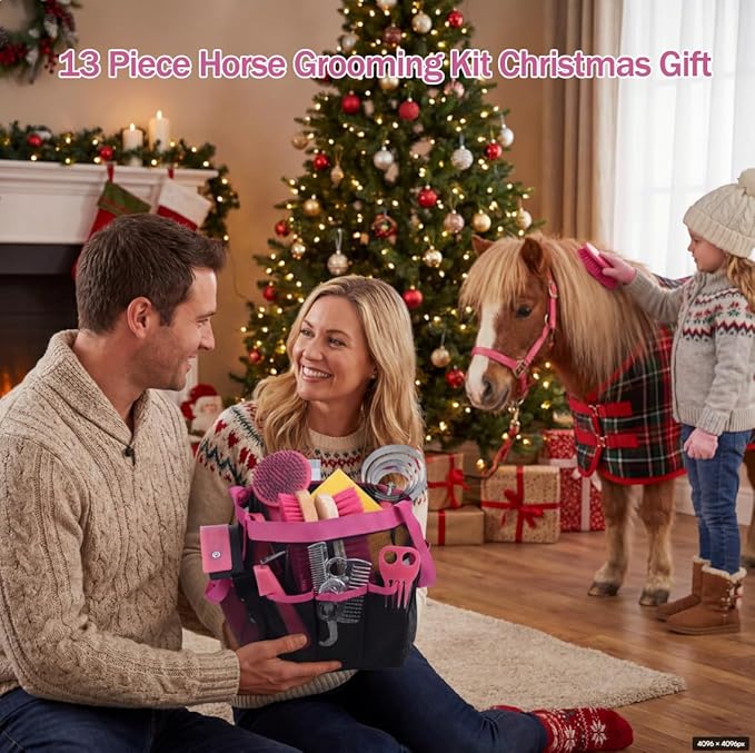 Horse Grooming Kit 13 Piece, Horse Brushes for Grooming Supplies with Tote Bag, Horses Tack Brush Set for Effective Grooming and Cleaning, Gift for Horse Riders Beginners (Pink)