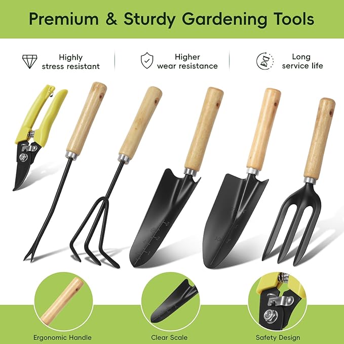 9-Piece Gardening Tool Set, Heavy Duty Garden Tool Set with Wood Handle, Premium & Durable Hand Tools Gardening Kit with Stylish Handbag, Gardening Gifts for Women
