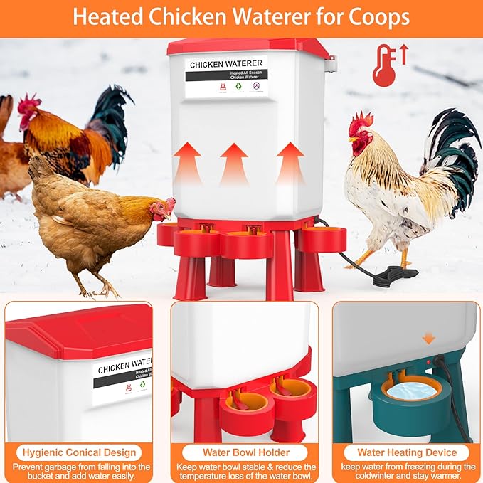 Heated Chicken Waterer, Plastic Chicken Water Heater, Anti-Freeze Heated Poultry Drinker with 4 Cups, Winter and Summer Dual-use, Poultry Water Heater for Chickens, Ducks, Geese - Red 7L